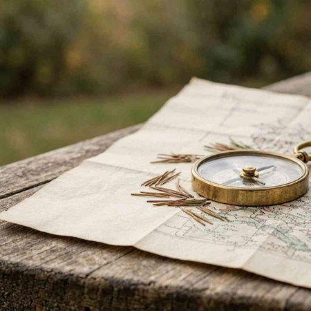 Old map and compass on a wooden table in the garden. Selective focus.