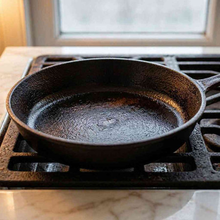 Cast iron frying pan on a gas stove in the kitchen at home