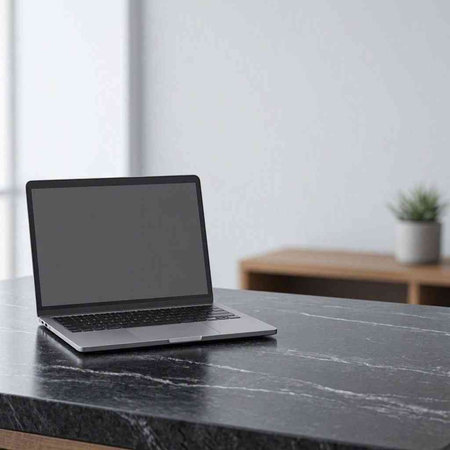 Laptop with blank screenle table in modern office, 3d render