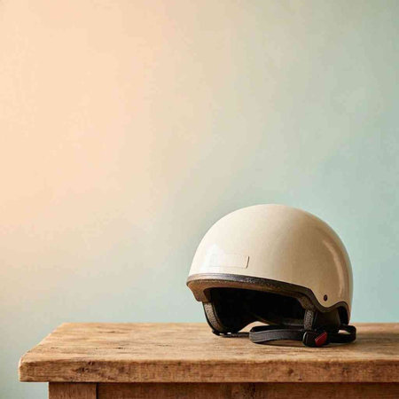 helmet and goggles on wooden table in front of grey wall background