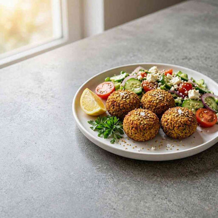 Vegetarian falafel balls with sesame seeds, fresh cucumber, tomato, onion, parsley and lemon on a white plate.