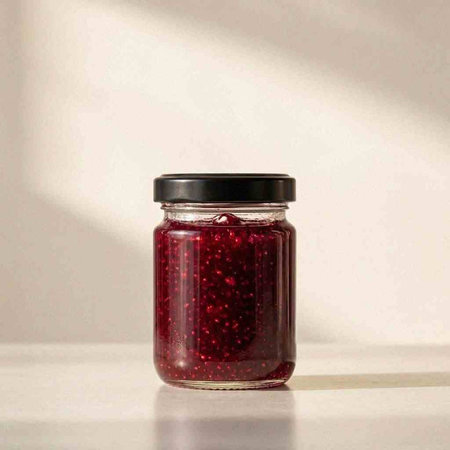 Strawberry jam in a glass jar on a white background.