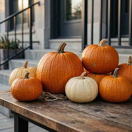 Pumpkins on a wooden table in front of a modern building