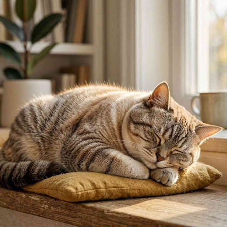 Cute tabby cat sleeping on a pillow at the window.