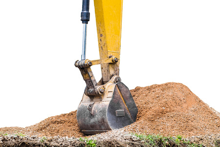 Large backhoe heavy dig soil stone,on white backgroundの写真素材