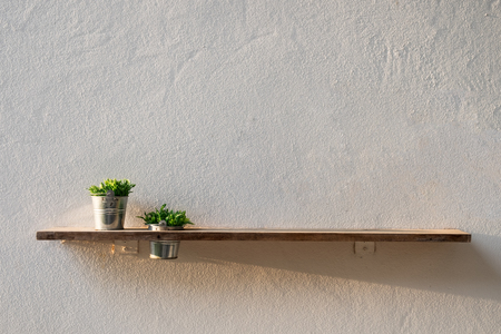 Wooden plank on wall with vase zinc plantの写真素材