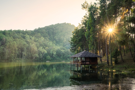 Cottage beside reservoir serene at sunset,pang oung,mae hong son,thailandの写真素材