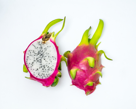 Dragon fruit pink peel green stalk slice,isolated on white backgroundの写真素材