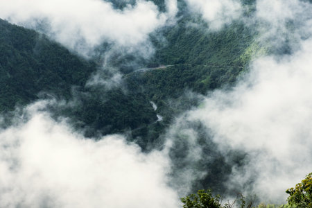 Rough curved road in green valley with foggy