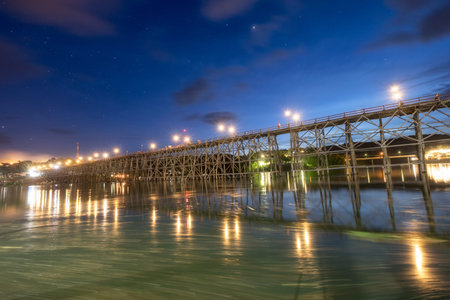Famous wooden mon bridge in sangkhlaburi at twilight, kanchanaburi, thailand