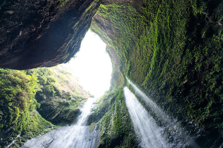 Majestic waterfall flowing on rocky cliff in tropical rainforest. Madakaripura waterfall, East Java, Indonesiaの写真素材