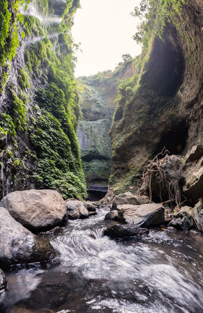 Majestic waterfall flowing on rocky cliff in tropical rainforest. Madakaripura waterfall, East Java, Indonesiaの写真素材