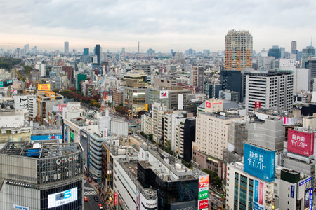 Tokyo, Japan - Nov 08 2017 : Aerial view of skyline in downtown crowded at shibuya squareのeditorial素材