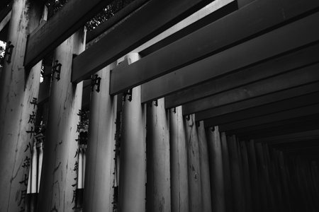 Kyoto, Japan - Nov 11 2017 : Black and white Ancient wood torii gate with japanese letter at Fushimi Inari shrineのeditorial素材
