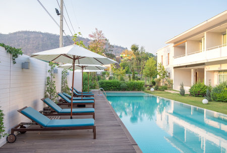 Khao Yai, Thailand - Apr 4 2016 :Swimming pool in garden and building exterior at prairie hills resortのeditorial素材