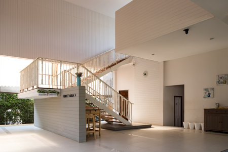 Khao Yai, Thailand - Apr 5 2016 : Indoor interior lobby warm sunlight at prairie hills resortのeditorial素材