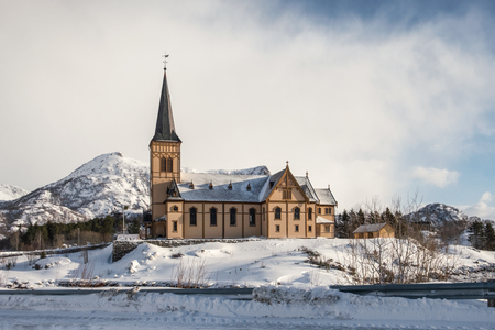 Architecture Vagan church in winter at Kabelvag, norwayの写真素材