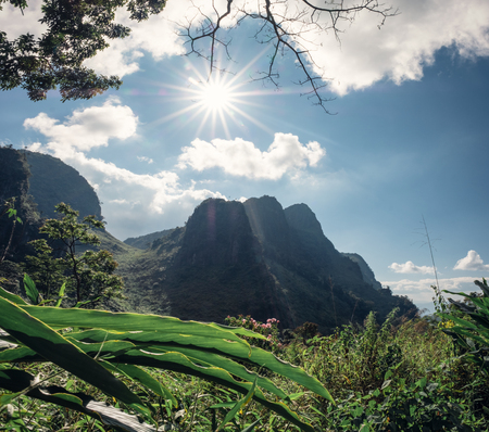 Mountain range in tropical rainforest with sunshine at Wildlife sanctuary, Doi Luang Chiang Dao national parkの写真素材