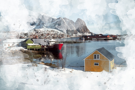 Watercolor of Scandinavian village on coastline at Lofoten islandsの写真素材