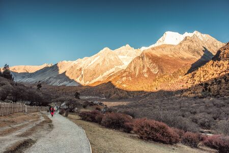 Hike trail in autumn forest and sunset on mountain range at Yading plateauの写真素材