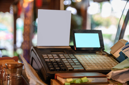 Cashier counter with digital screen and white label on wooden table in restaurant