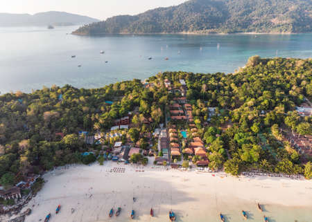 Aerial view of resort on the beach in tropical sea at lipe islandの写真素材