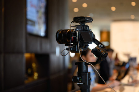 Mirrorless camera with mic wireless on gimbal stabilizer for filming