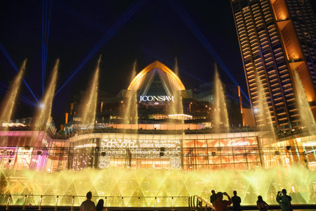 Bangkok, Thailand - Jan 26 2019 : Symphony of Chaophraya river with colorful iconic multimedia fountains at Iconsiam, Bangkokのeditorial素材