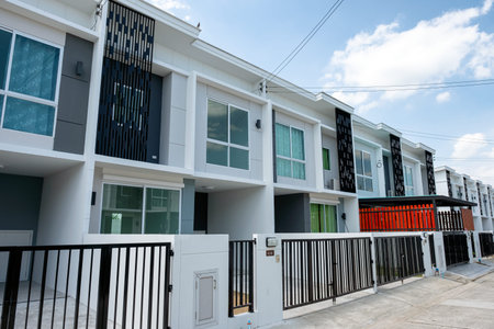 Bangkok, Thailand - June 30 2018 : Village project for sale of modern white townhouse 2 floors with...
