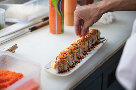 Japanese roll salmon cheese smoked with vegetable filled set on ceramic dish