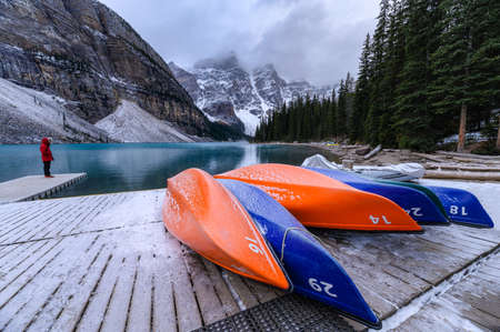 Canadian Rockies with mountain range and snow covered in autumn at Canada. Isolate on white backgroundの写真素材