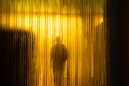 Yellow industrial plastic curtain entrance with shadow of worker and cardboard box package in...