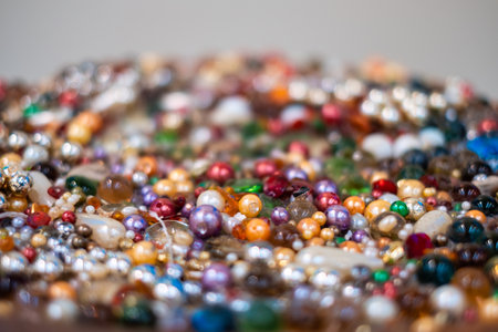 Colorful bead, pearl, diamond and gemstone ornament shiny in jewelry storeの写真素材