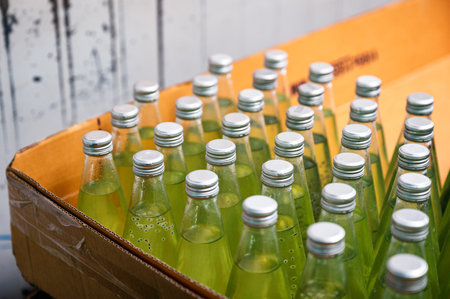 Glass bottled green juice packed in paper box to export in warehouse at beverage processing plantの写真素材