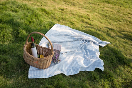 Wicker basket, flower, newspaper,wine and picnic cloth on green grassの写真素材