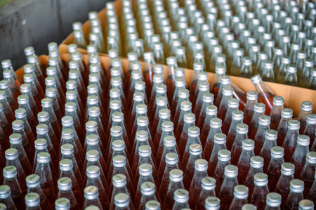Group of red juice bottles with screw cap stacked in carton box for product export in warehouse at beverage processing plantの写真素材