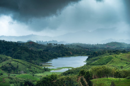 Scenery of rainstorm on mountain and lake in rainforest at national parkの写真素材