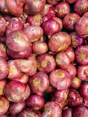 Pile of raw shallot with red shell in stall at supermarketの写真素材