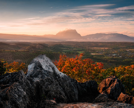 Sunset sky over Doi Luang Chiang Dao mountain with colorful foliage in countryside from top of...