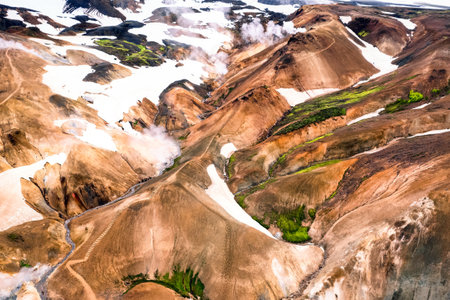 Spectacular scenery of Kerlingarfjoll mountain range on geothermal area and Hveradalir trail located in central icelandic highlands on summer at Icelandの写真素材