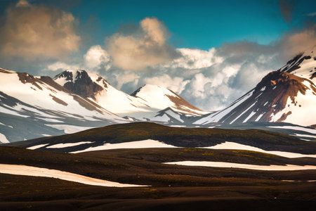 Majestic volcanic mountain in remote wilderness on geothermal area in summer at Landmannalaugar, Icelandic Highlands, Icelandの写真素材