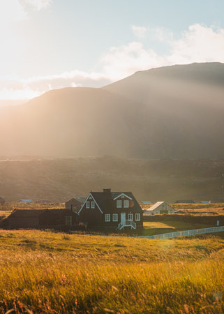 Picturesque of Icelandic wooden house glowing with sunlight on meadow and bird flying around in sunset on summer at Arnarstapi fishing village, Icelandの写真素材
