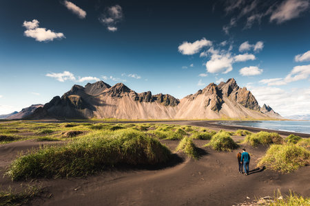 Beautiful scenery of Vestrahorn mountain and grass mound on black sand beach in sunny day at Stokksnes peninsula, Icelandの写真素材