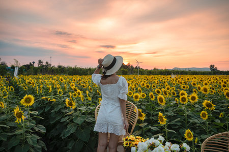 Rear of young asian woman cheerful standing in sunflower field at sunsetの写真素材