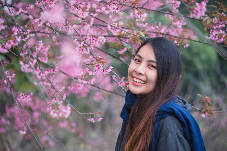 Beautiful young asian woman with wild himalayan cherry blooming in the garden on springtimeの写真素材