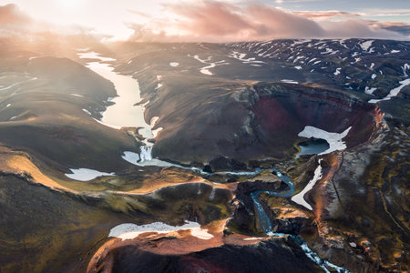 Aerial view of sunset over volcanic crater and glacier stretches through the central highlands of iceland on summer. RauÃ°ibotn, TorfajÃ¶kull and MÃ½rdalsjÃ¶kull glaciersの写真素材