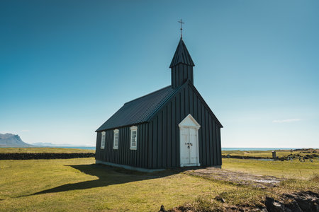 Budakirkja is the famous black church and cemetery in summer at Snaefellsnes peninsula, Icelandの写真素材