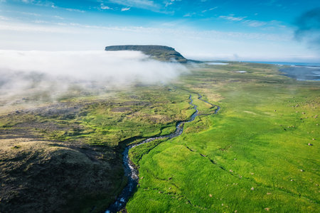 Aerial view of ancient green valley with volcanic mountain and fog in remote wilderness in summer at Icelandの写真素材