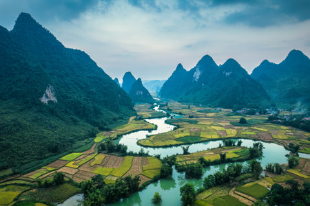 Aerial view of Phong Nam Valley with rice field and winding river flows through traditional village in countryside at Cao Bang, Vietnamの写真素材