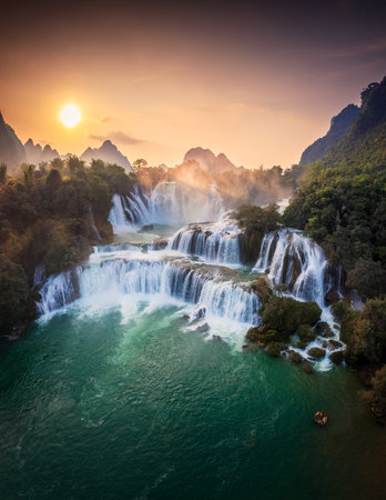 Aerial view of majestic Ban Gioc waterfall, Detian Falls flowing in tropical forest during the sunset at Cao Bang, Vietnamの写真素材
